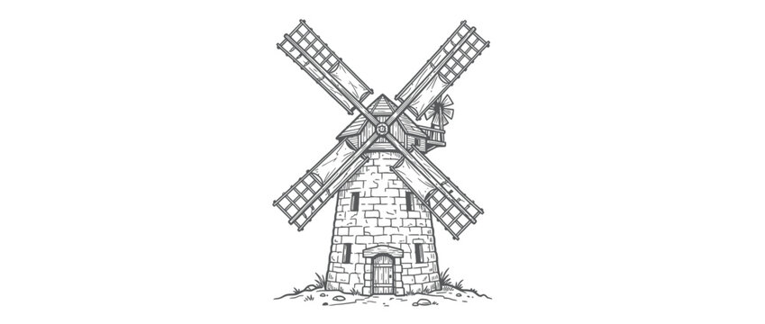 Vintage stone windmill illustration isolated on white
