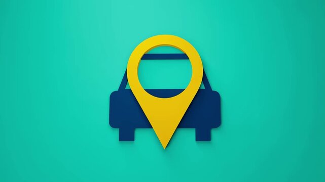 Taxi icon with location pin symbolizing ride sharing services on a vibrant teal background