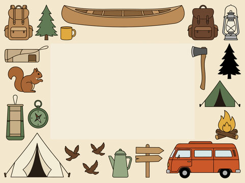 Camping and Outdoor Adventure Illustration Frame with Central Copy Space