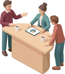 Fototapeta premium Isometric Business Meeting with Team Standing Around High Desk Analyzing Pie Chart Data on Digital Tablet for Financial Strategy and Corporate Collaboration
