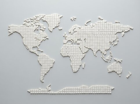 World Map Made of Small White Cubes on a Light Gray Background.