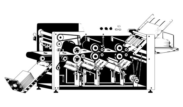 Black and white illustration of a commercial printing press machine for industrial paper production and book binding