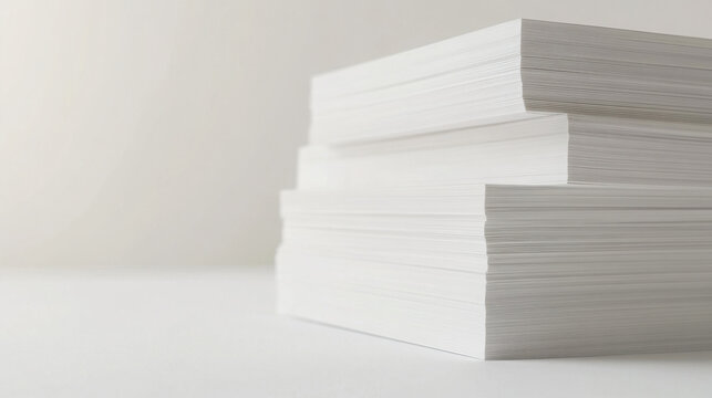 Stack of blank white paper sheets on a clean desk for office printing and document supply