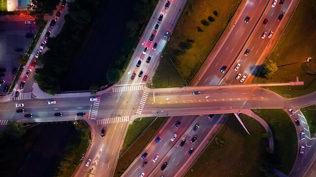 Steep top-down aerial view of busy highway interchange at night with glowing headlights, taillights, curved ramps, overpasses, crosswalks, grassy medians, dark water channel, and strong geometric