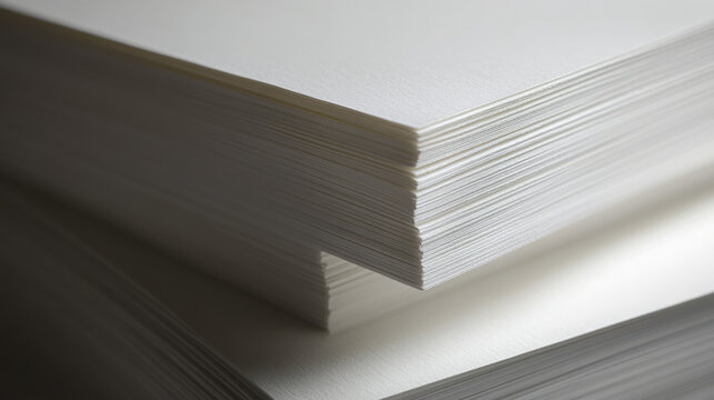 Stack of clean white paper sheets, side view of blank office stationery for printing.