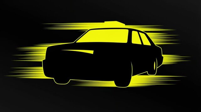Abstract yellow taxi logo animation moving fast across a dark background for branding