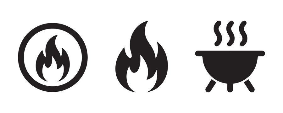 Grill icon, flame icon, and fire in circle icon for cooking and safety.