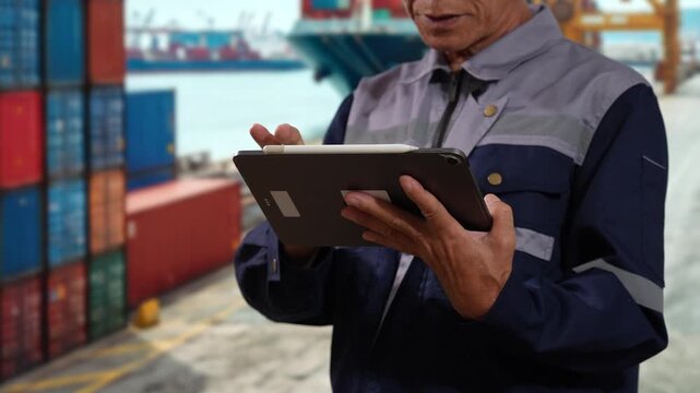 Dock worker in safety uniform using a tablet beside stacked shipping containers and cargo ship at a busy commercial port.