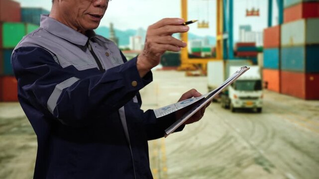 Port logistics worker holding a clipboard and radio at a busy container terminal with stacked cargo boxes and a truck in the background.