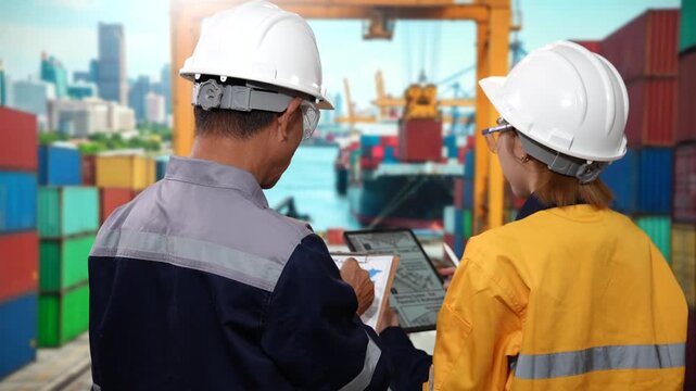 Two port workers in safety helmets review a tablet and paperwork at a busy shipping container terminal with cranes and cargo in the background.