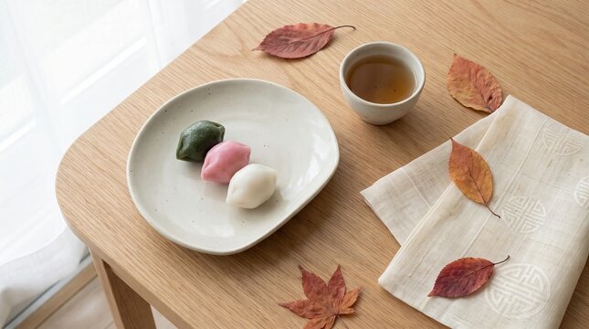 Three colorful rice cakes on a plate with tea and autumn leaves