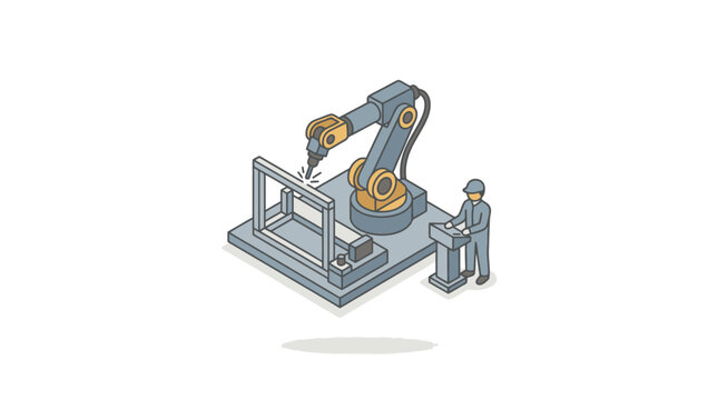 Modern Industrial Robot Arm Precision Machining Metal Frame with Worker Supervising with high quality professional line art symbols for modern creative design and digital branding projects