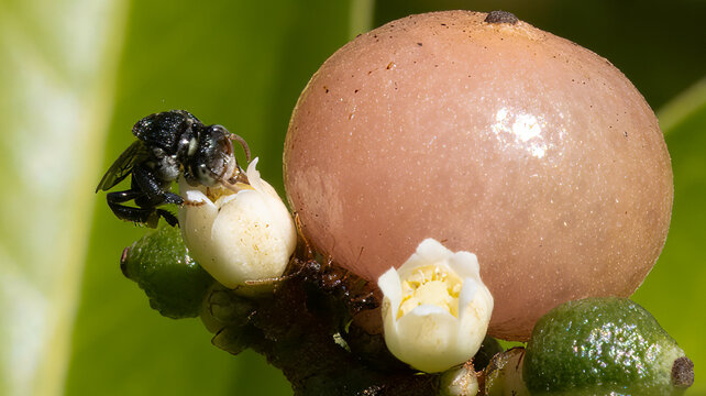 Australian native stingless bee on Orange Berry flowers with fruit