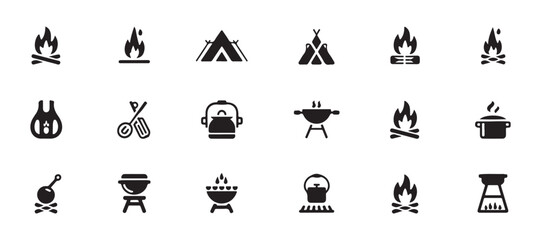 Fototapeta premium Black silhouette camping and outdoor cooking icons set on transparent grid for hiking theme design.