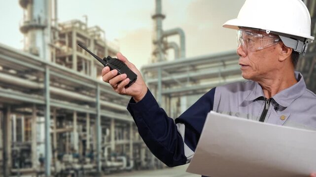 Industrial plant worker wearing a hard hat and safety glasses uses a walker talkie while holding a laptop near refinery pipes and equipment.