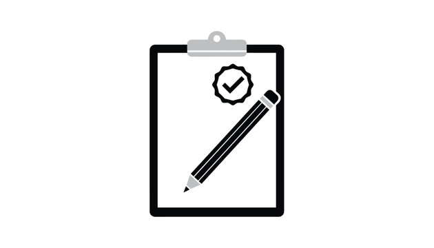 Clipboard icon with a pencil and a checkmark certification badge representing checklist, quality control, or exam.