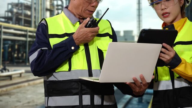 Two industrial workers in high visibility safety vests use a laptop, tablet and walker talkie during an inspection at a construction site.