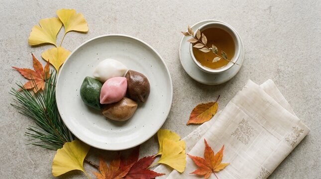 Korean rice cakes songpyeon on a plate with tea and autumn leaves