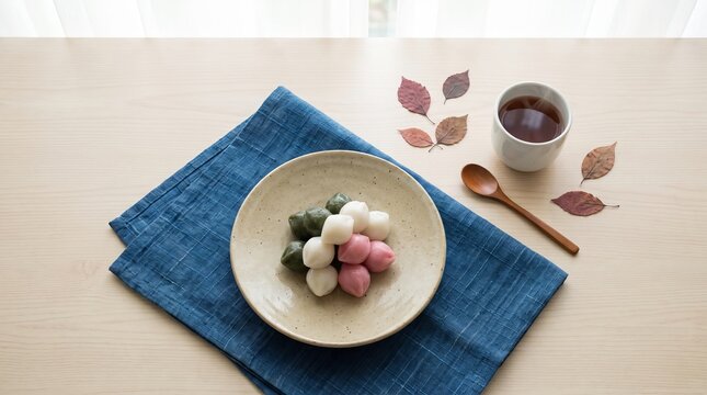 Korean songpyeon rice cakes served on a plate with tea korean food blue fabric