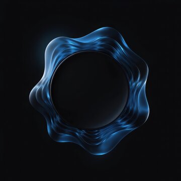 Glowing translucent blue wavy glass frame around dark round empty centerpiece isolated on solid black background for luxury product badge display.