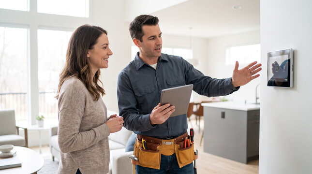 Licensed electrician explains newly installed smart home control system to homeowner, supporting home automation, connected living, electrical service and residential technology adoption.