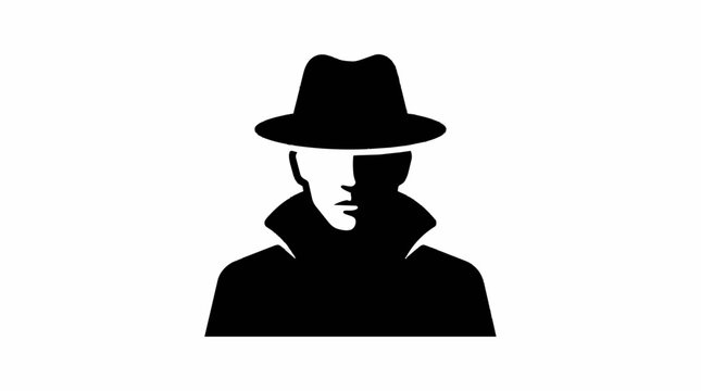 Mysterious spy silhouette in fedora hat, noir detective character icon, secret agent man in black coat, anonymous hacker avatar vector