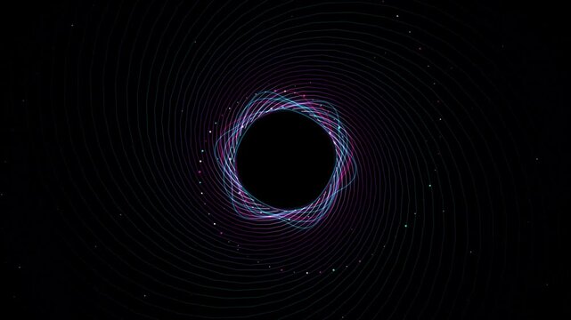 Abstract circular light ring with colorful particles spiraling on black background glowing particles circular 4K video