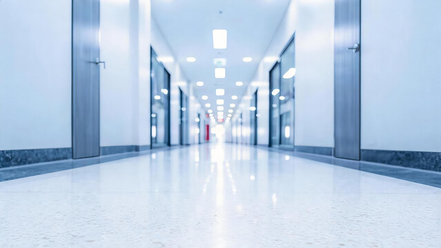 A long, empty, bright modern indoor corridor with polished floors and orderly doors, suitable for commercial or office spaces.