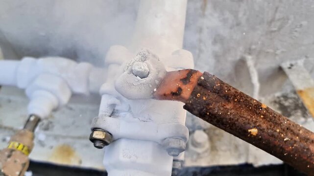 Extreme frost and heavy ice buildup on an industrial cooling pipe valve and rusty handle due to low-temperature refrigerant