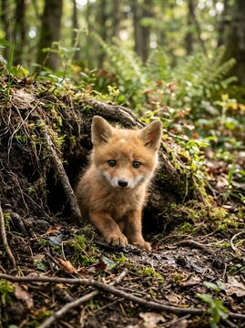 Adorable young fox cub peeking out from its den in a lush forest setting.