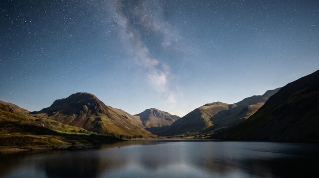 Starry night sky with the milky way over a dark mountain lake
