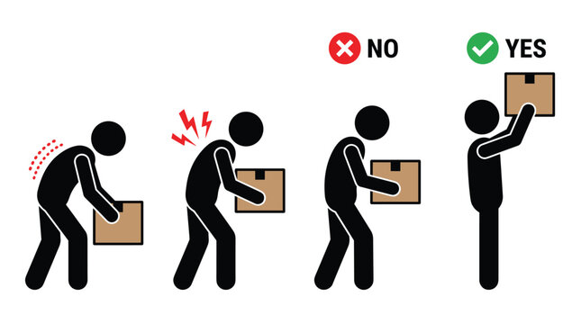 Instructional set on proper posture and lifting techniques for safe object handling steps