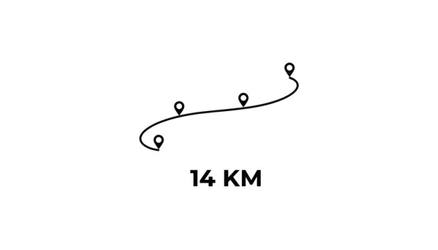 Minimal route map infographic illustrates a curved path with four location pins and 14 km text below.