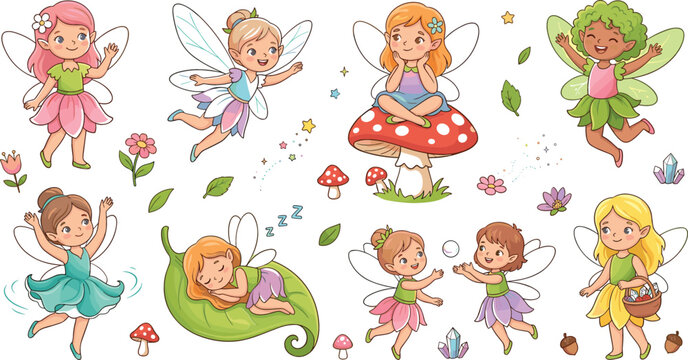 Cute Cartoon Little Fairy Character Vector Collection featuring Magical Pixie Girls with Wings Flying Sleeping on Leaf and Sitting on Mushroom for Children Designs