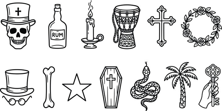 Voodoo magic occult culture vector icon set skull top hat rum candle djembe drum cross rose wreath bone coffin snake palm tree key line art black isolated white background layout design.eps