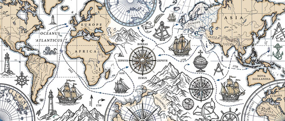 Fototapeta premium Vintage World Map with Sailing Ships and Compass Rose