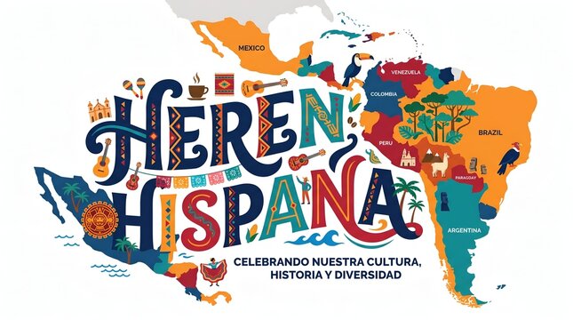 Herencia Hispana Celebrating Hispanic Culture History and Diversity Map of Americas.
