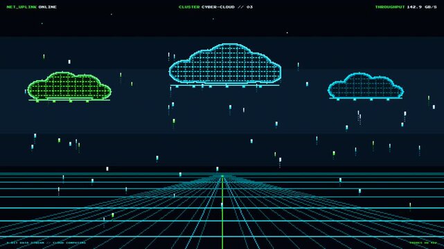 8-Bit Cyberspace: A retro-futuristic digital landscape featuring a glowing neon wireframe grid and a pixelated floating cloud