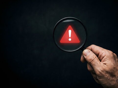 Business Risk Detection Concept with Hand Holding Magnifying Glass Revealing Red Warning Exclamation Mark Symbol on Dark Background