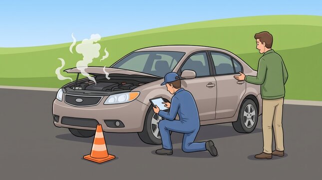 Mechanic Inspecting Smoking Car With Traffic Cone