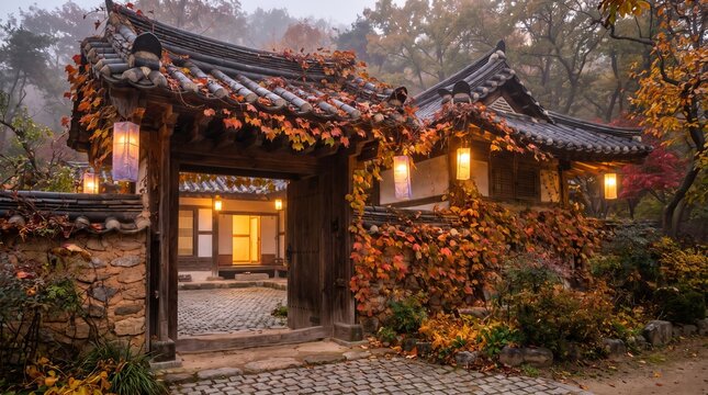 Traditional korean hanok house entrance surrounded by autumn foliage