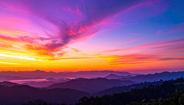 Vibrant sunset paints the sky over rolling mountains in a spectacular display of color.
