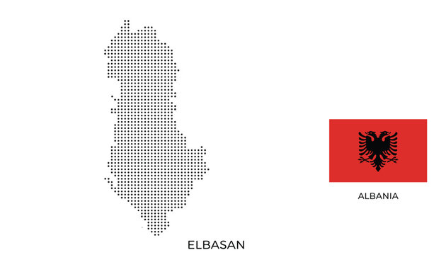 Dotted grid map of Albania's Elbasan region presented next to the country's national flag on a clean white background.