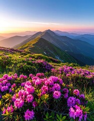 Obraz premium A stunning mountain range bathed in the soft light of sunrise, with vibrant pink rhododendrons in the foreground.