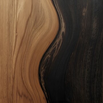 Contrasting natural wood grain background with light oak and dark ebony curved textures