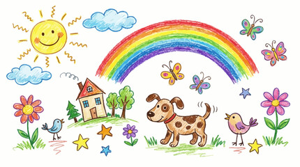 Fototapeta premium Colorful children drawing with a happy dog rainbow sun house and flowers.