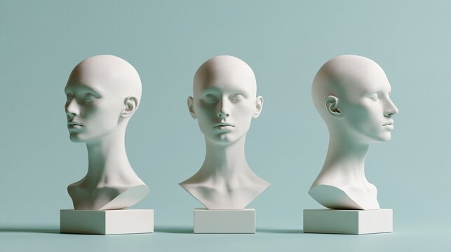 Studio 3D render of three white plaster mannequin heads displayed from different angles on pedestals against a solid turquoise background