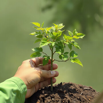 Person planting a small tree with care on a blurred background