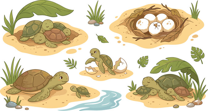 Cute Cartoon Sea Turtle Life Cycle Vector Element Set Featuring Nesting Eggs Hatchling Shell Breaking and Mother Tortoise with Babies on Sand