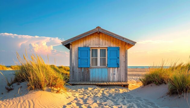 A charming beach hut with blue shutters sits on a sandy dune.